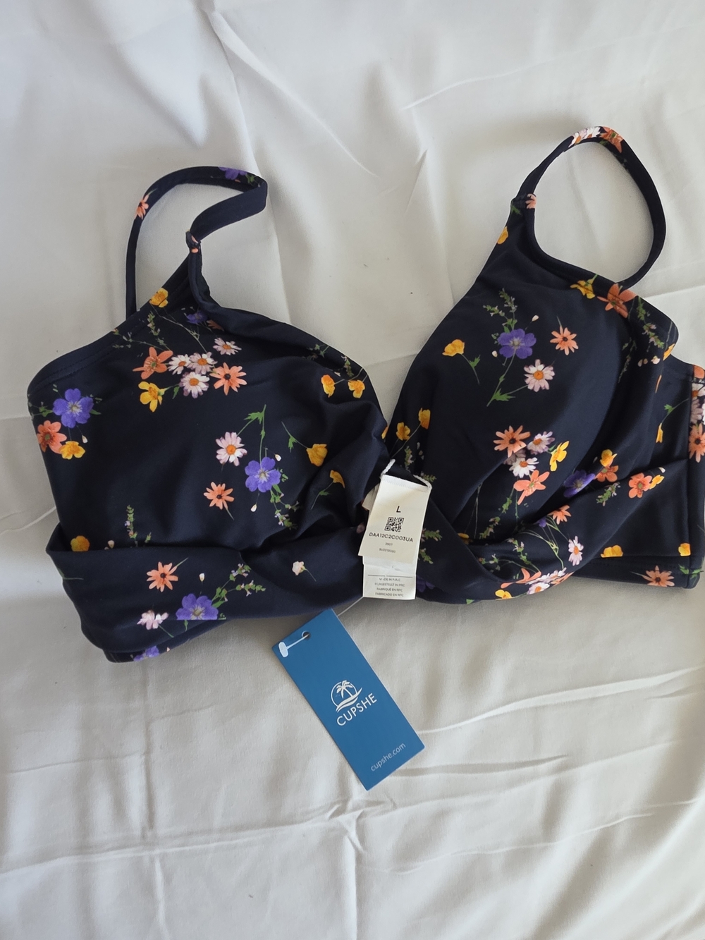 Cupshe Navy Floral Knot-Front Bikini Top